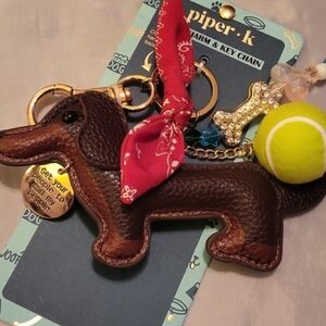 Piper K Dachshund Dog Keychain with Red Bandana, Ball, Bone HL Te